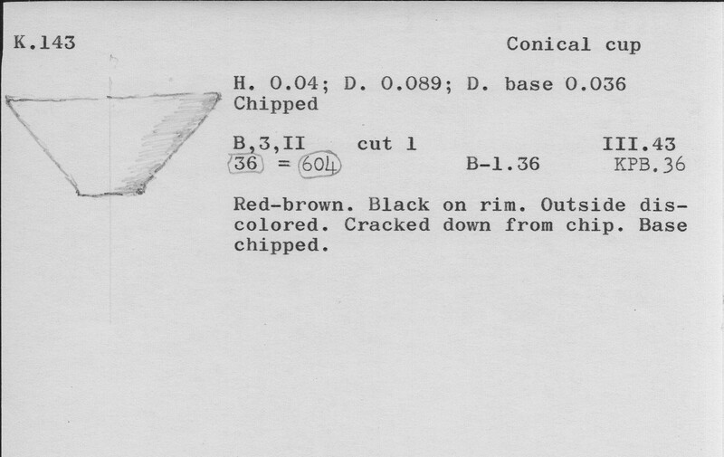 Index card with typed and handwritten information, sometimes including a sketch, of pottery from an excavation.