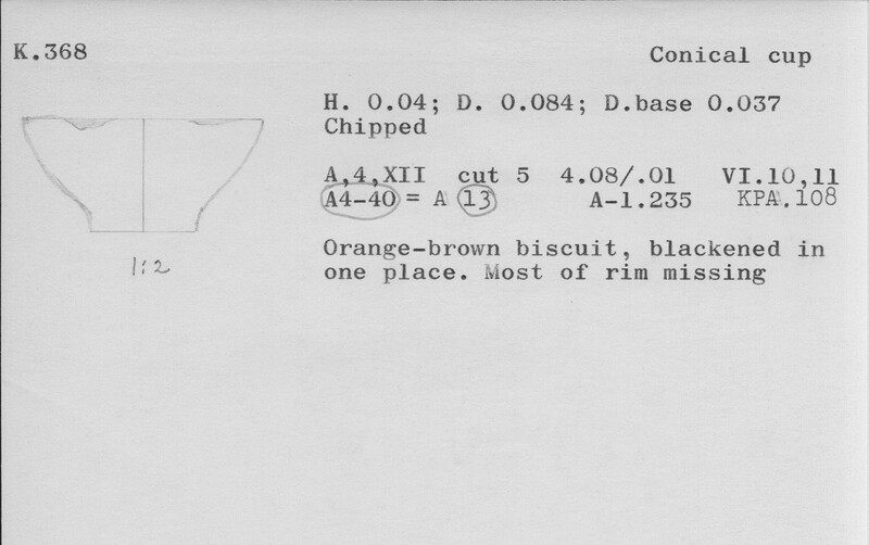 Index card with typed and handwritten information, sometimes including a sketch, of pottery from an excavation.