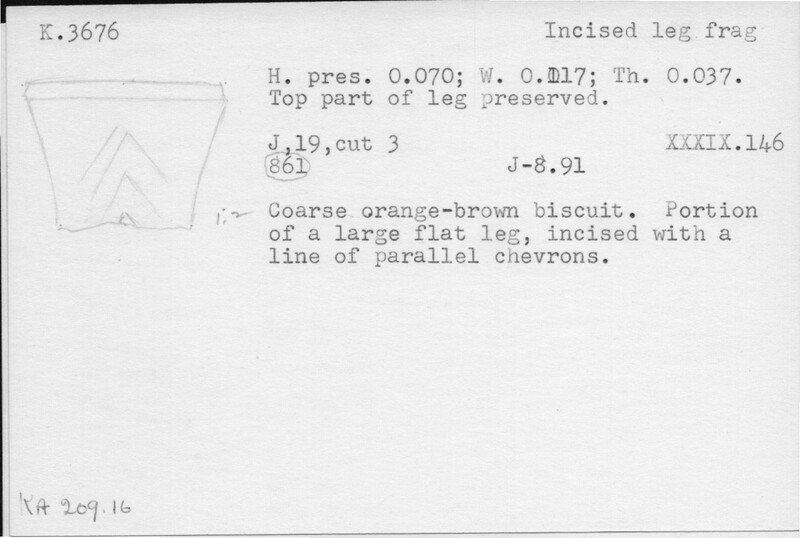 Index card with typed and handwritten information, sometimes including a sketch, of pottery from an excavation.