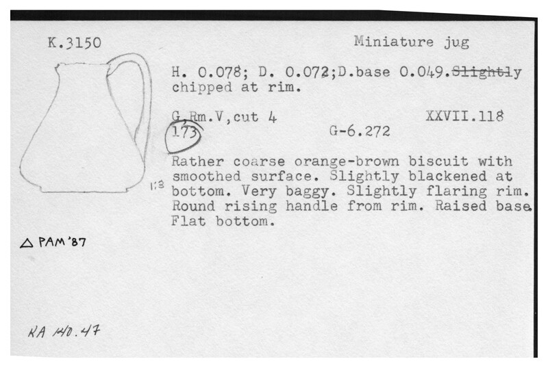 Index card with typed and handwritten information, sometimes including a sketch, of pottery from an excavation.