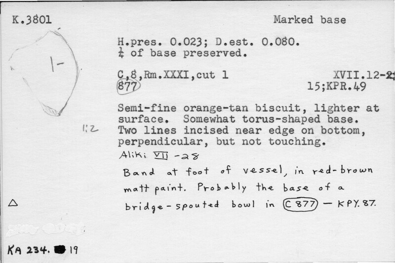 Index card with typed and handwritten information, sometimes including a sketch, of pottery from an excavation.