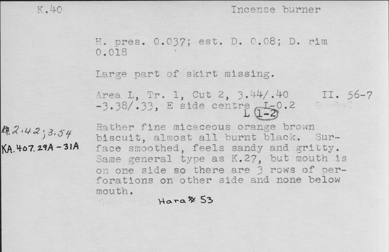 Index card with typed and handwritten information, sometimes including a sketch, of pottery from an excavation.