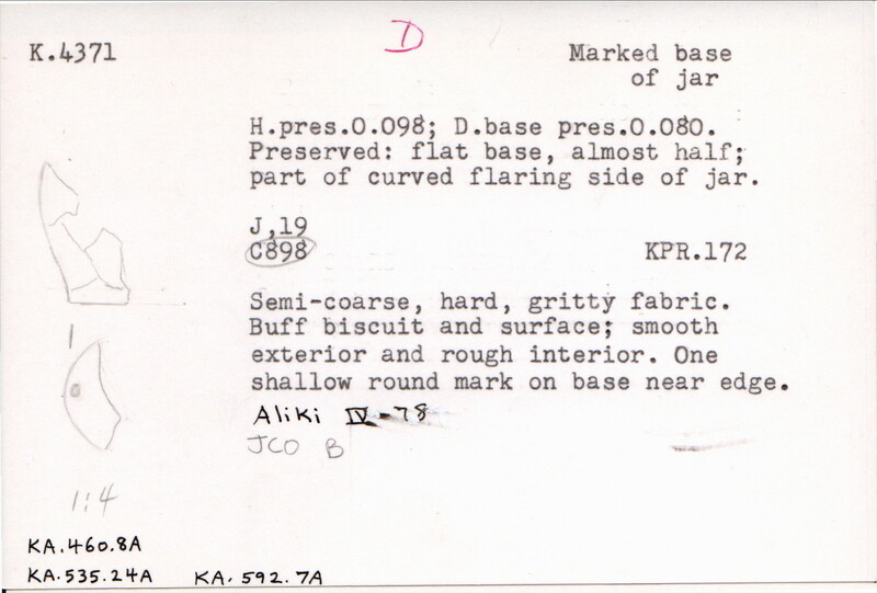 Index card with typed and handwritten information, sometimes including a sketch, of pottery from an excavation.