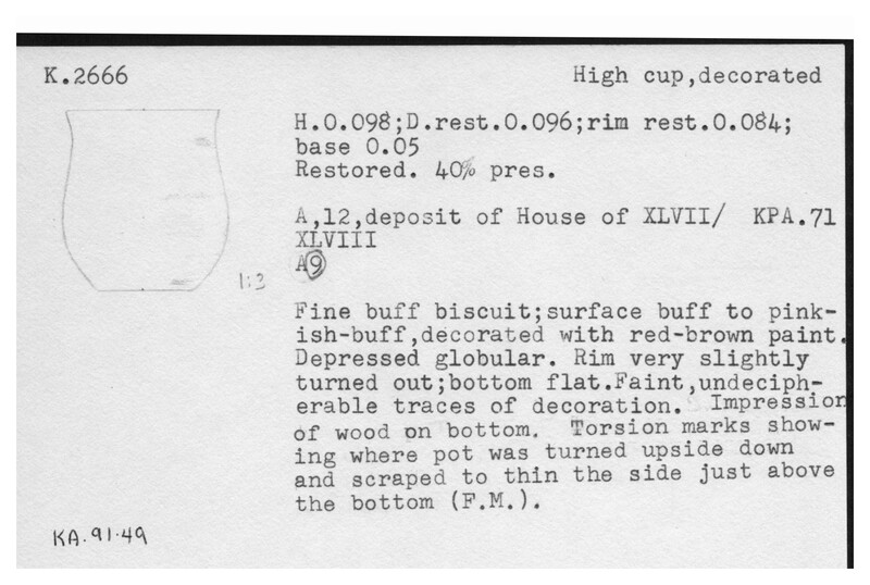 Index card with typed and handwritten information, sometimes including a sketch, of pottery from an excavation.