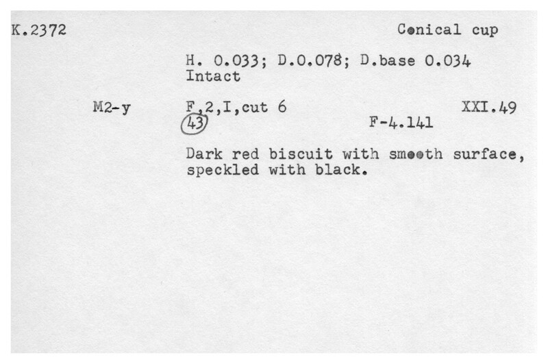 Index card with typed and handwritten information, sometimes including a sketch, of pottery from an excavation.