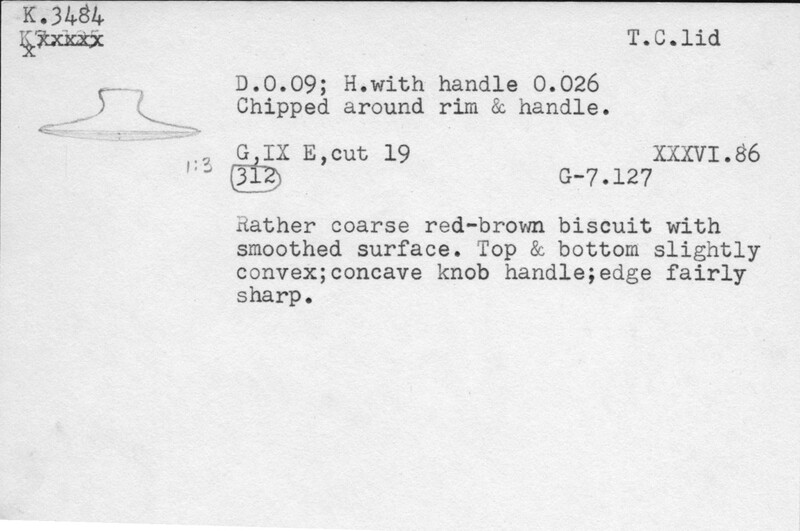 Index card with typed and handwritten information, sometimes including a sketch, of pottery from an excavation.