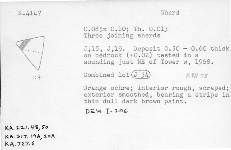 Index card with typed and handwritten information, sometimes including a sketch, of pottery from an excavation.
