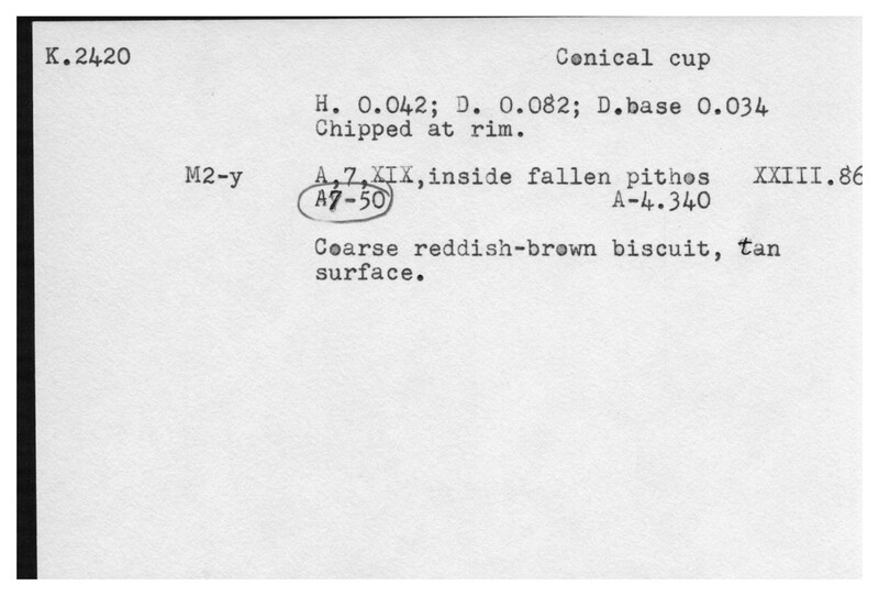 Index card with typed and handwritten information, sometimes including a sketch, of pottery from an excavation.