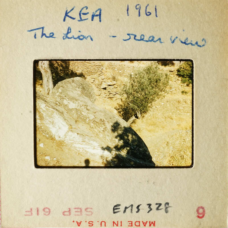 "A photograph of a rocky landscape with trees and shrubs, dated from 1961."
