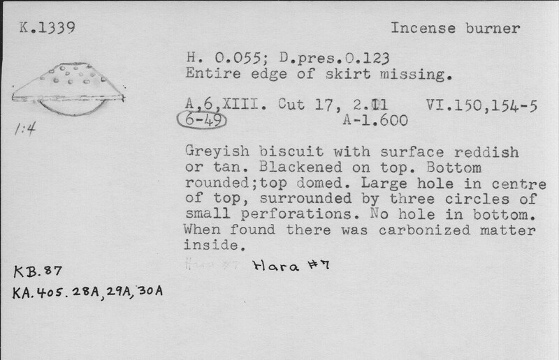 Index card with typed and handwritten information, sometimes including a sketch, of pottery from an excavation.