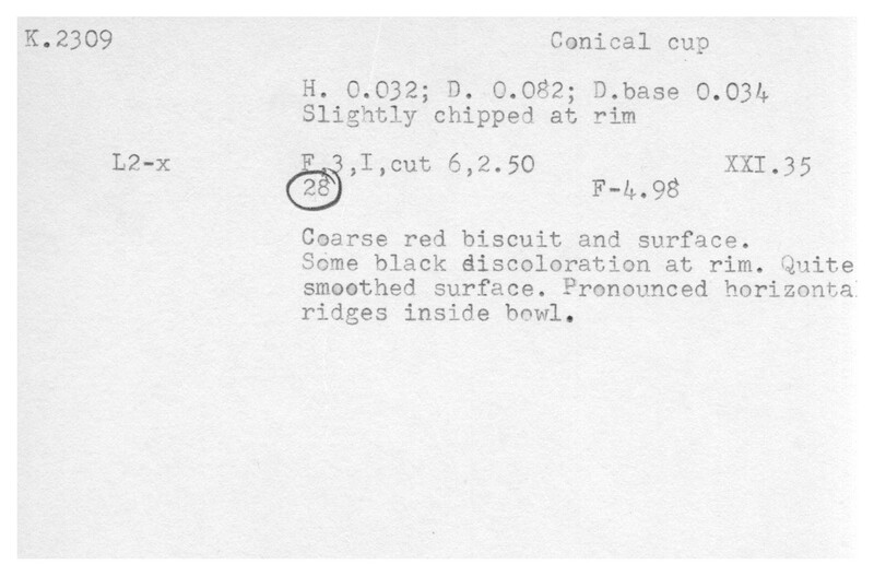 Index card with typed and handwritten information, sometimes including a sketch, of pottery from an excavation.