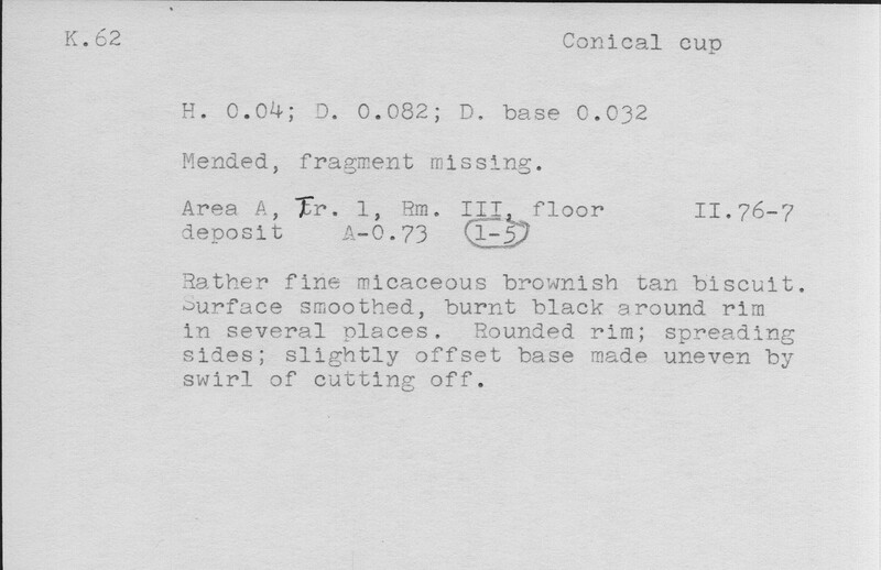 Index card with typed and handwritten information, sometimes including a sketch, of pottery from an excavation.