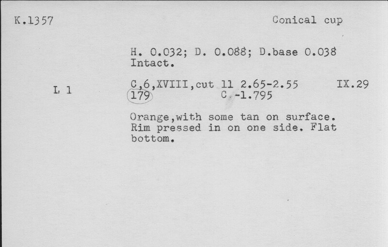 Index card with typed and handwritten information, sometimes including a sketch, of pottery from an excavation.