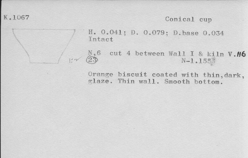 Index card with typed and handwritten information, sometimes including a sketch, of pottery from an excavation.