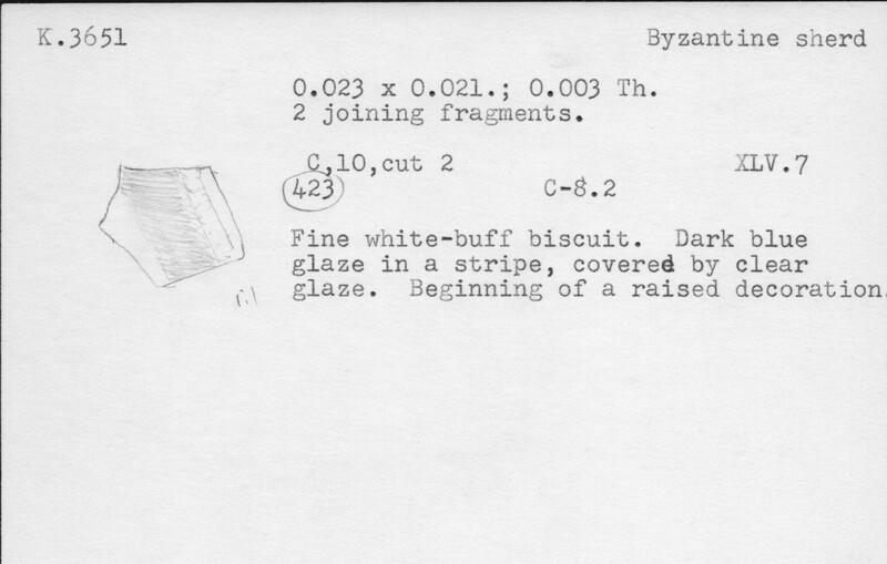 Index card with typed and handwritten information, sometimes including a sketch, of pottery from an excavation.