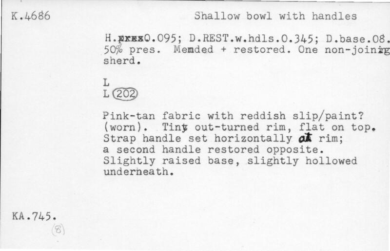 Index card with typed and handwritten information, sometimes including a sketch, of pottery from an excavation.