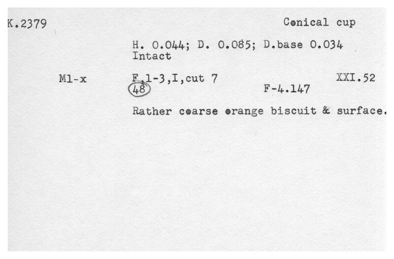Index card with typed and handwritten information, sometimes including a sketch, of pottery from an excavation.