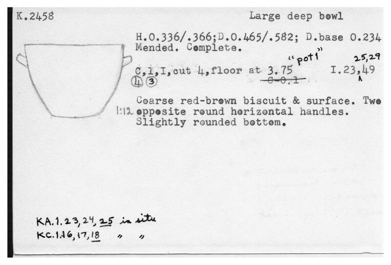 Index card with typed and handwritten information, sometimes including a sketch, of pottery from an excavation.