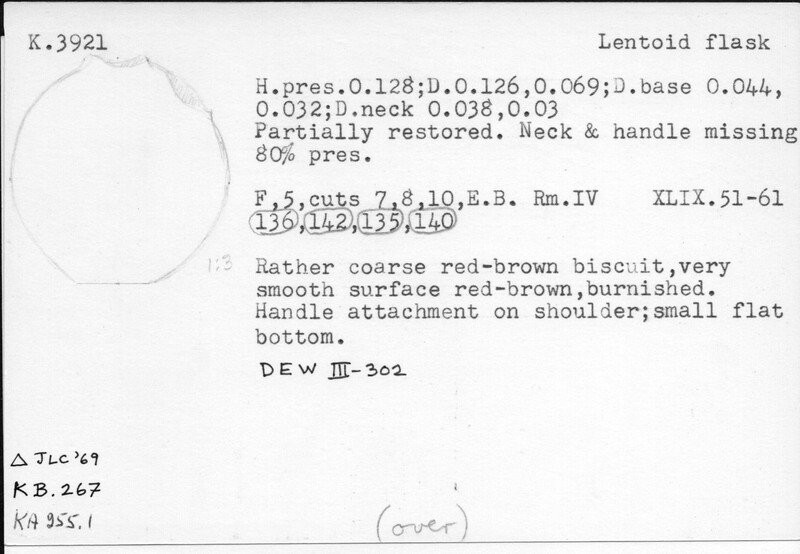 Index card with typed and handwritten information, sometimes including a sketch, of pottery from an excavation.