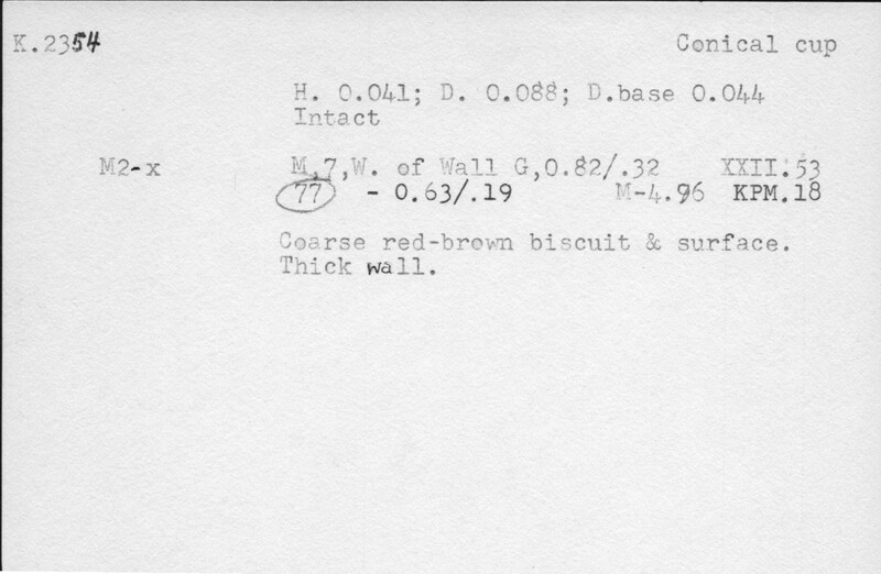 Index card with typed and handwritten information, sometimes including a sketch, of pottery from an excavation.