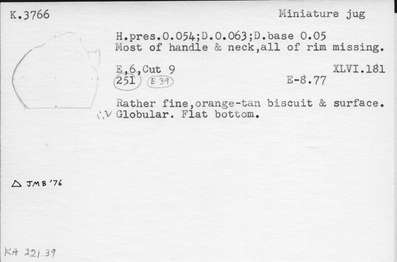 Index card with typed and handwritten information, sometimes including a sketch, of pottery from an excavation.