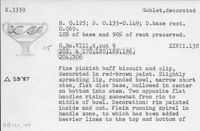 Index card with typed and handwritten information, sometimes including a sketch, of pottery from an excavation.