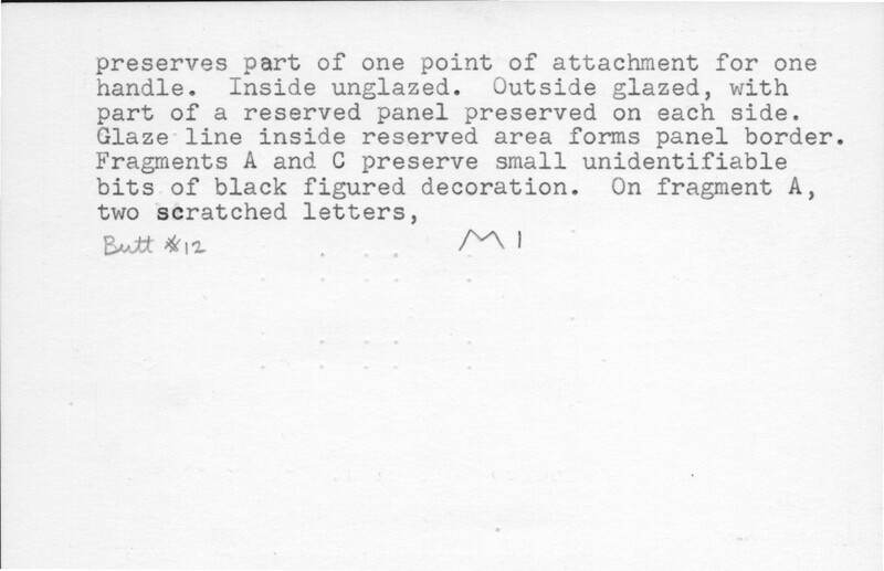 Index card with typed and handwritten information, sometimes including a sketch, of pottery from an excavation.