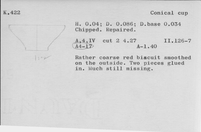 Index card with typed and handwritten information, sometimes including a sketch, of pottery from an excavation.