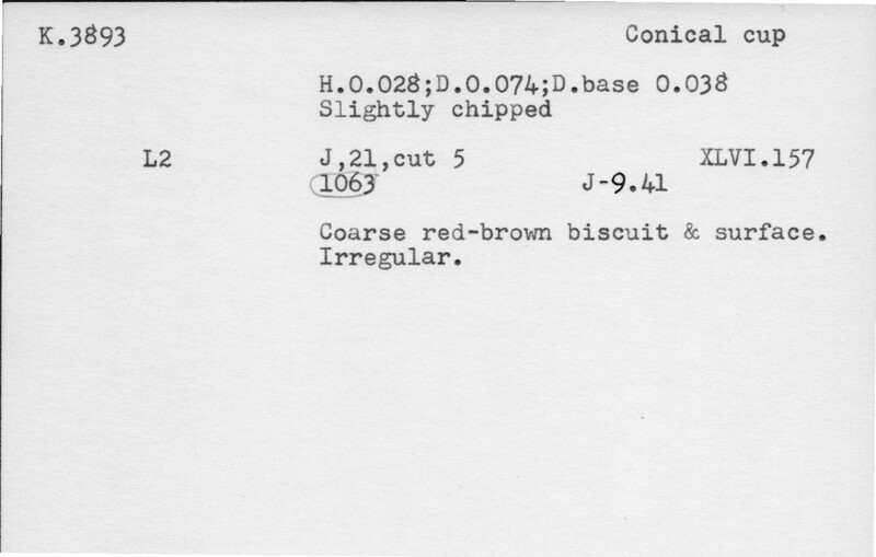Index card with typed and handwritten information, sometimes including a sketch, of pottery from an excavation.