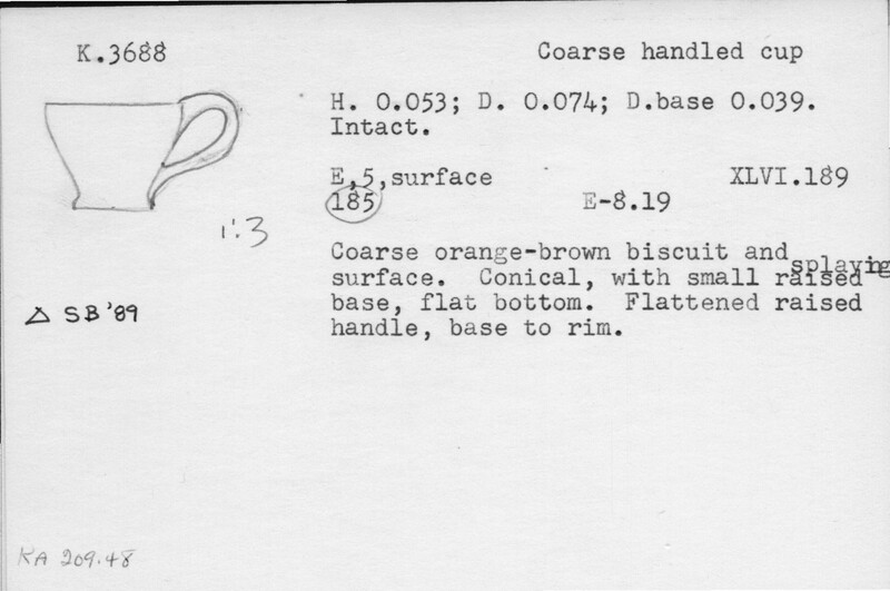 Index card with typed and handwritten information, sometimes including a sketch, of pottery from an excavation.