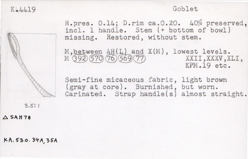 Index card with typed and handwritten information, sometimes including a sketch, of pottery from an excavation.