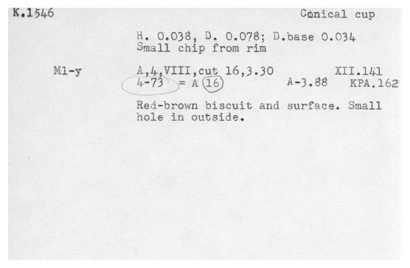 Index card with typed and handwritten information, sometimes including a sketch, of pottery from an excavation.
