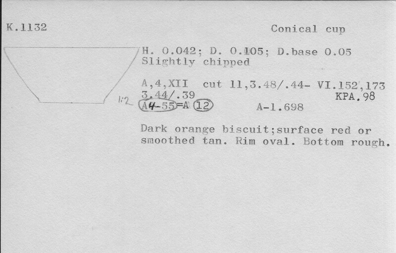 Index card with typed and handwritten information, sometimes including a sketch, of pottery from an excavation.