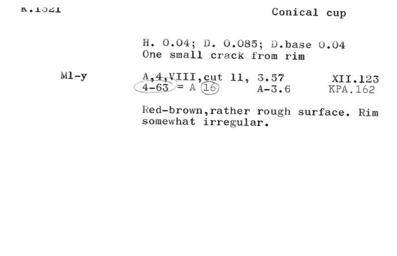 Index card with typed and handwritten information, sometimes including a sketch, of pottery from an excavation.
