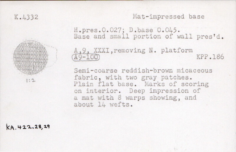 Index card with typed and handwritten information, sometimes including a sketch, of pottery from an excavation.