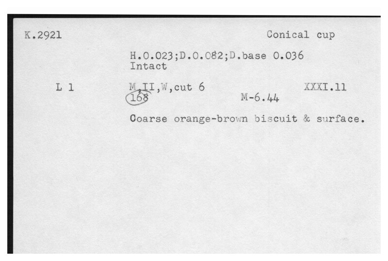 Index card with typed and handwritten information, sometimes including a sketch, of pottery from an excavation.