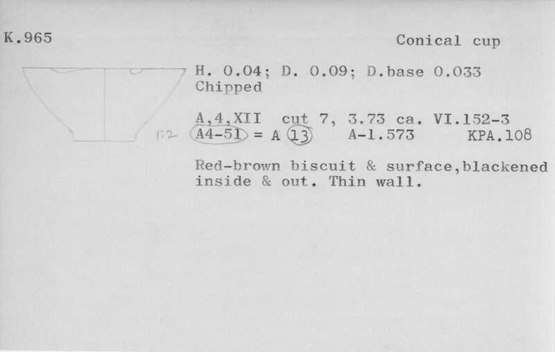 Index card with typed and handwritten information, sometimes including a sketch, of pottery from an excavation.