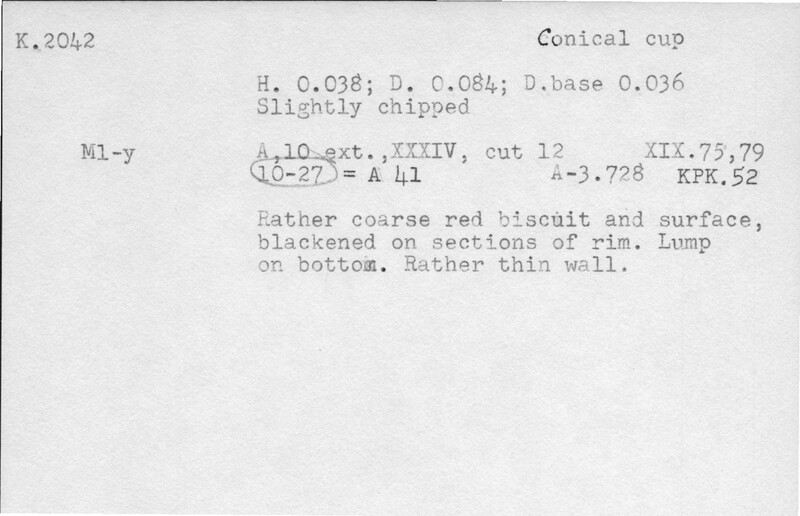 Index card with typed and handwritten information, sometimes including a sketch, of pottery from an excavation.