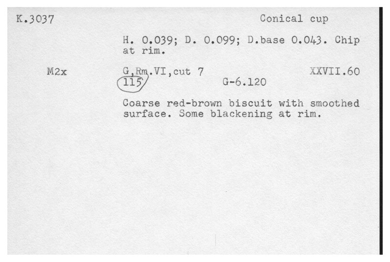 Index card with typed and handwritten information, sometimes including a sketch, of pottery from an excavation.