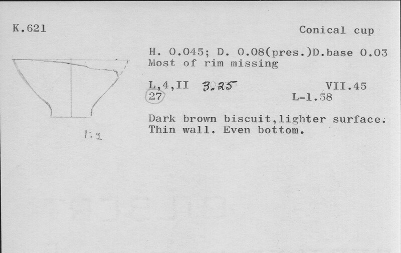Index card with typed and handwritten information, sometimes including a sketch, of pottery from an excavation.
