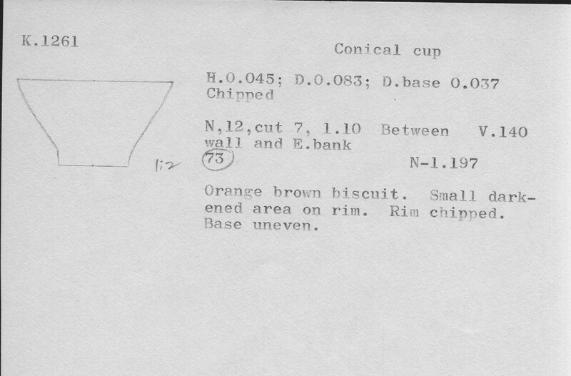 Index card with typed and handwritten information, sometimes including a sketch, of pottery from an excavation.
