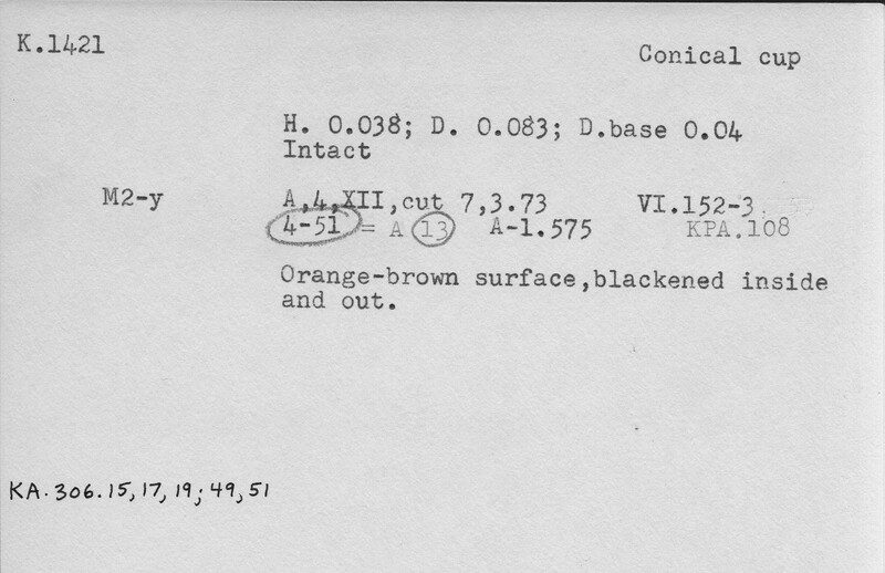 Index card with typed and handwritten information, sometimes including a sketch, of pottery from an excavation.