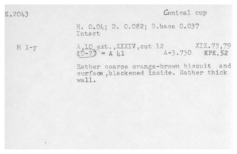 Index card with typed and handwritten information, sometimes including a sketch, of pottery from an excavation.