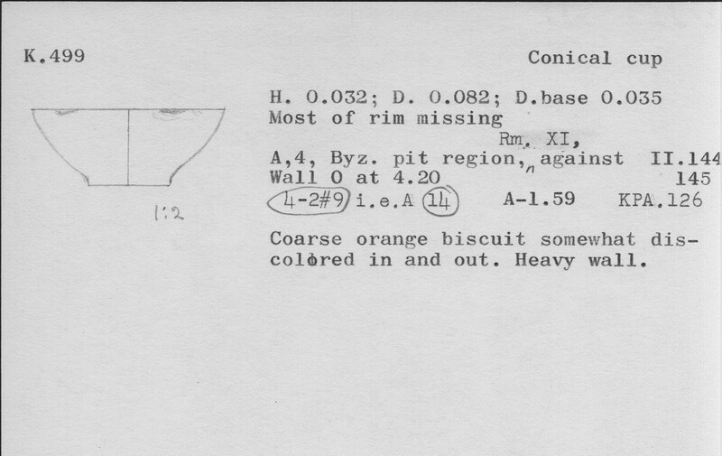 Index card with typed and handwritten information, sometimes including a sketch, of pottery from an excavation.