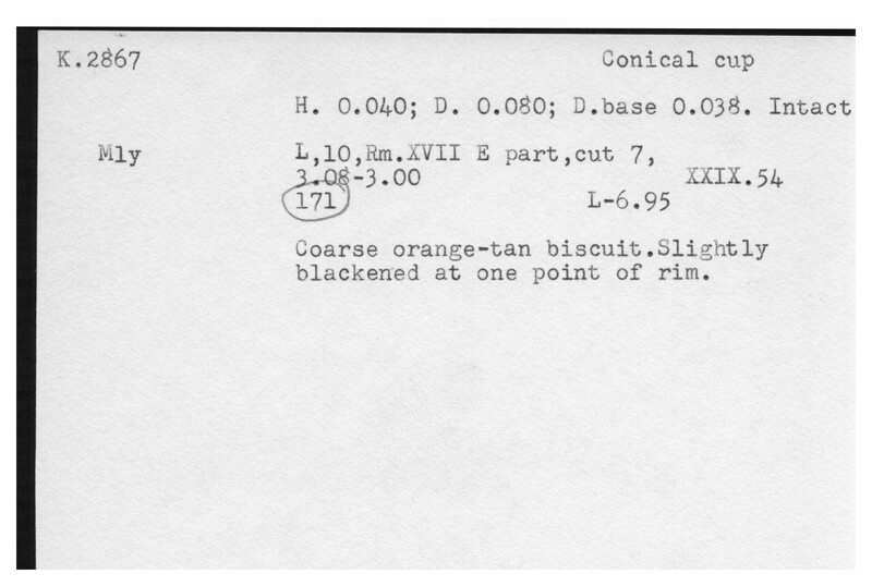 Index card with typed and handwritten information, sometimes including a sketch, of pottery from an excavation.