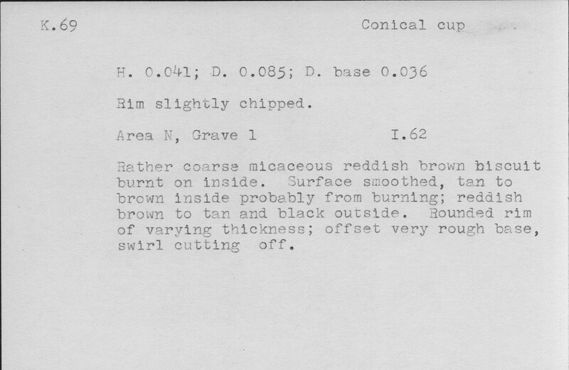 Index card with typed and handwritten information, sometimes including a sketch, of pottery from an excavation.