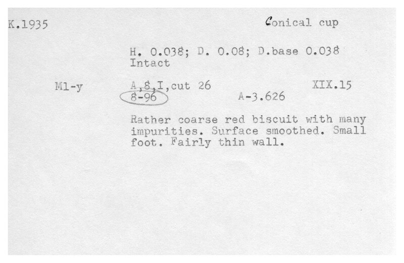 Index card with typed and handwritten information, sometimes including a sketch, of pottery from an excavation.