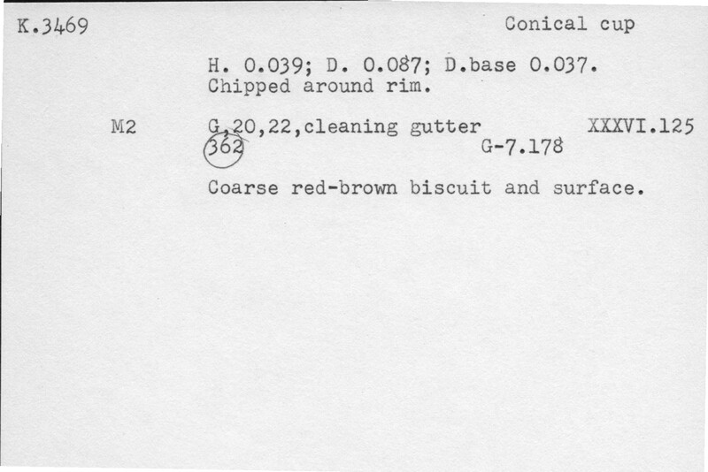 Index card with typed and handwritten information, sometimes including a sketch, of pottery from an excavation.