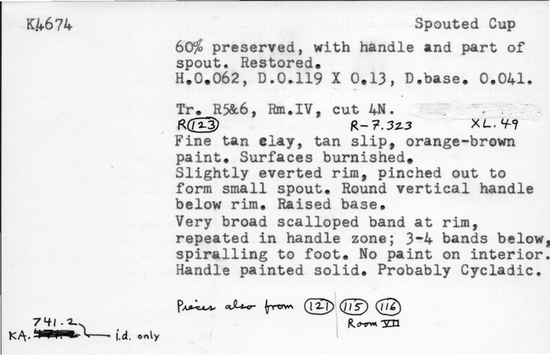Index card with typed and handwritten information, sometimes including a sketch, of pottery from an excavation.