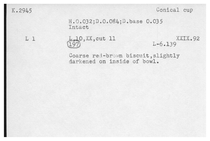 Index card with typed and handwritten information, sometimes including a sketch, of pottery from an excavation.
